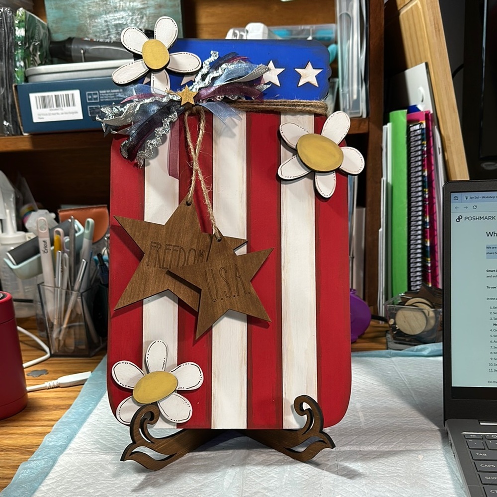 Patriotic Handcrafted Wooden Decor with Flowers